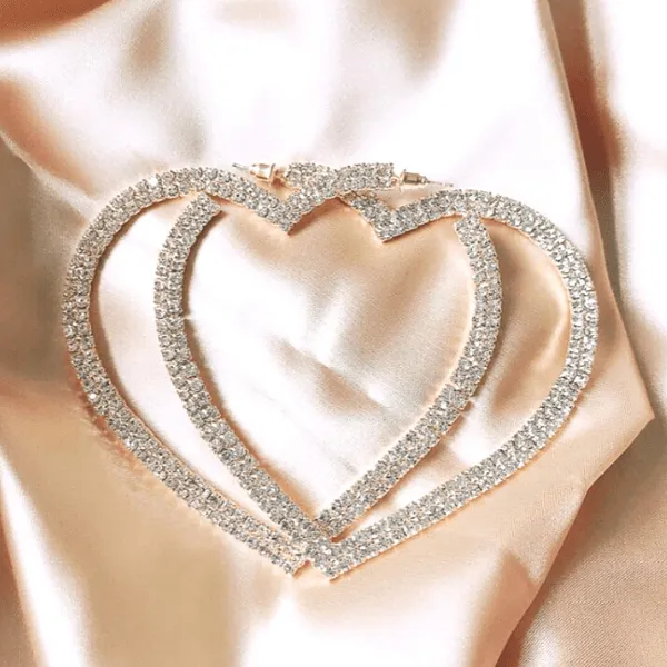 Lavish Bold Rhinestone Silver or Gold Heart Hoop Earrings