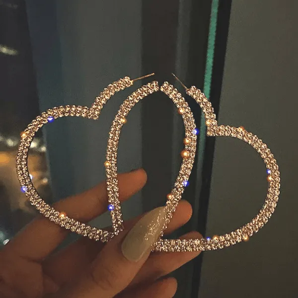 Lavish Bold Rhinestone Silver or Gold Heart Hoop Earrings