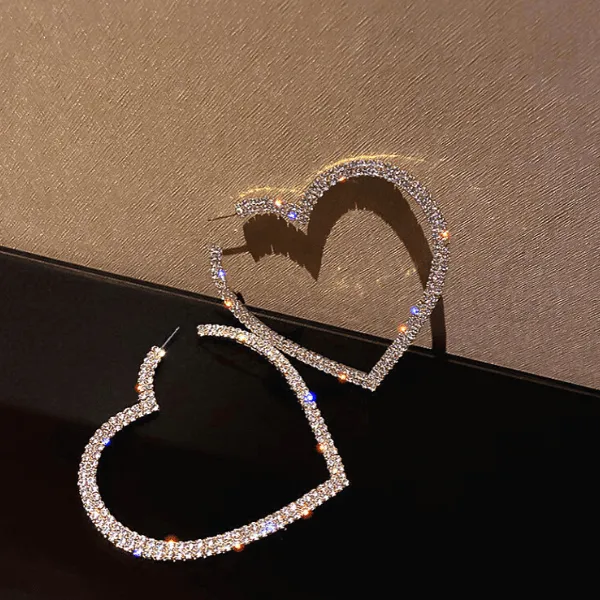 Lavish Bold Rhinestone Silver or Gold Heart Hoop Earrings
