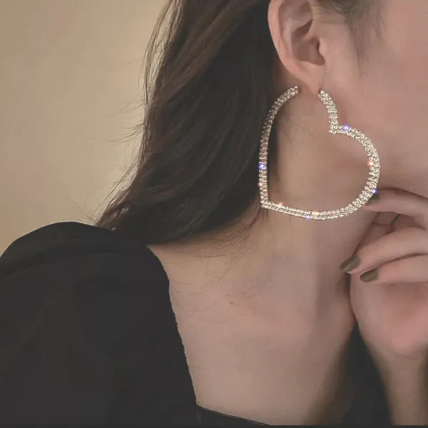 Lavish Bold Rhinestone Silver or Gold Heart Hoop Earrings