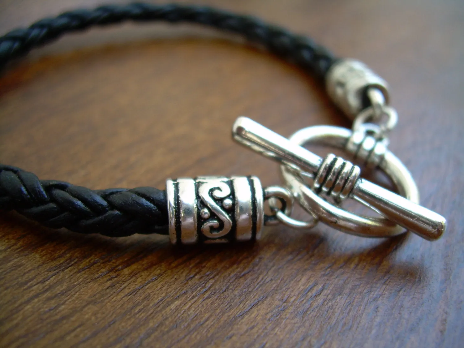 Leather Bracelet, Natural Black Braided, Mens Bracelet, Womens Bracelet, Mens Jewelry , Womens Jewelry