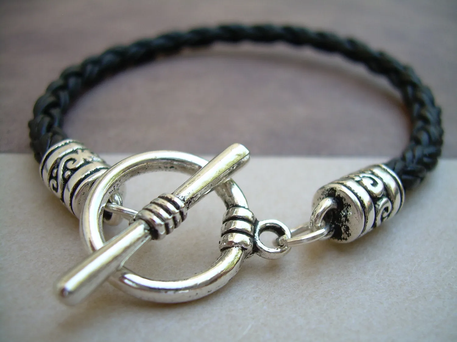 Leather Bracelet, Natural Black Braided, Mens Bracelet, Womens Bracelet, Mens Jewelry , Womens Jewelry