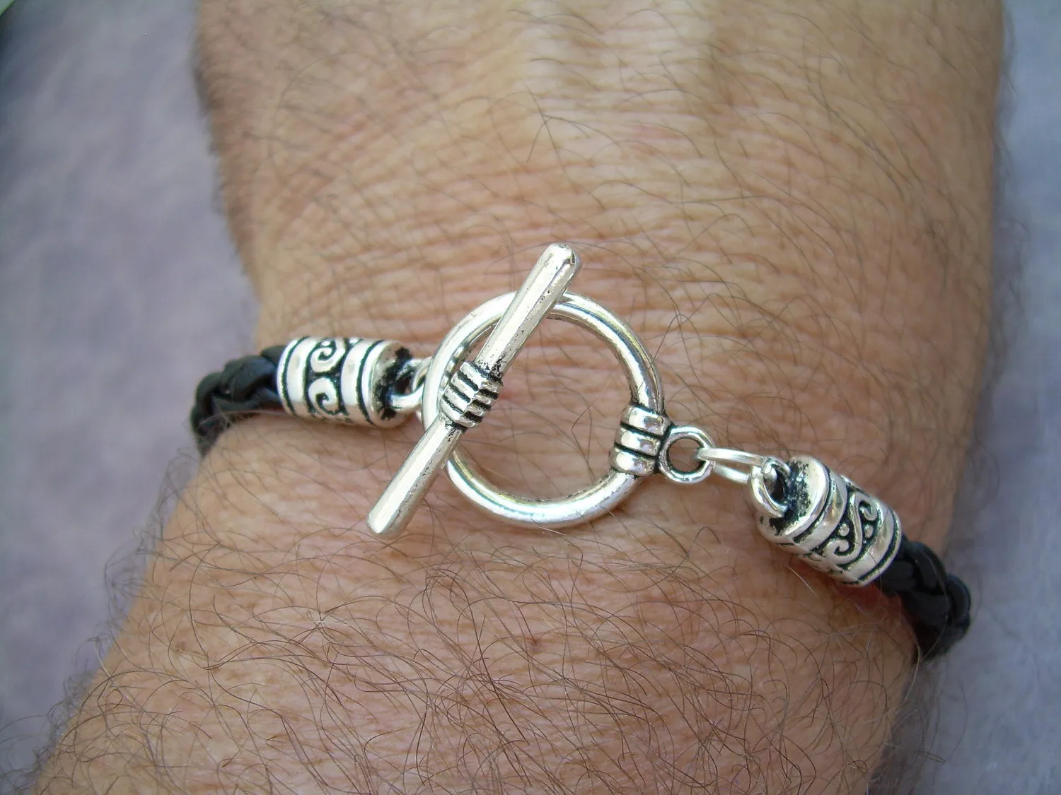 Leather Bracelet, Natural Black Braided, Mens Bracelet, Womens Bracelet, Mens Jewelry , Womens Jewelry