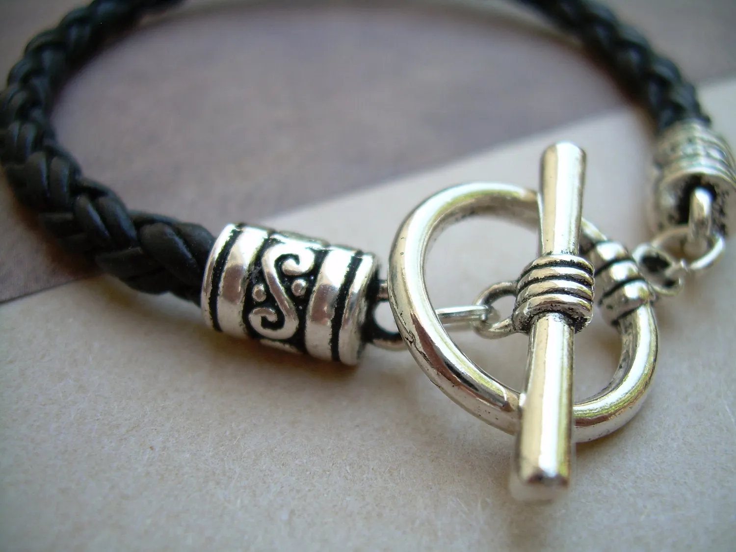 Leather Bracelet, Natural Black Braided, Mens Bracelet, Womens Bracelet, Mens Jewelry , Womens Jewelry