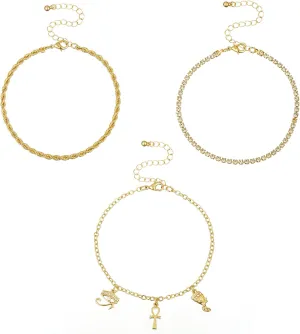 Madison Tyler Aaliyah 3pcs Gold Pave Crown Anklet | Cuban Twist Link Anklet Set | Jewelry Gift for Women