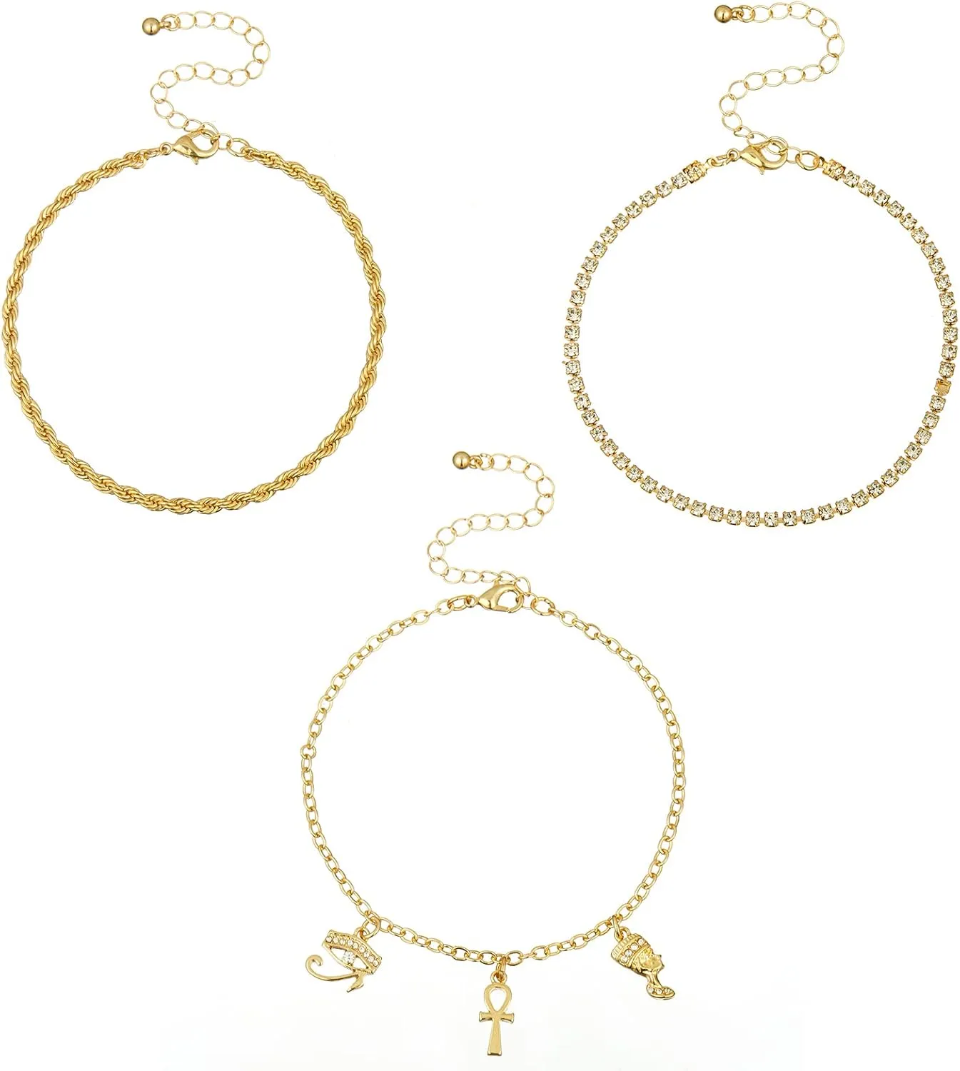 Madison Tyler Aaliyah 3pcs Gold Pave Crown Anklet | Cuban Twist Link Anklet Set | Jewelry Gift for Women