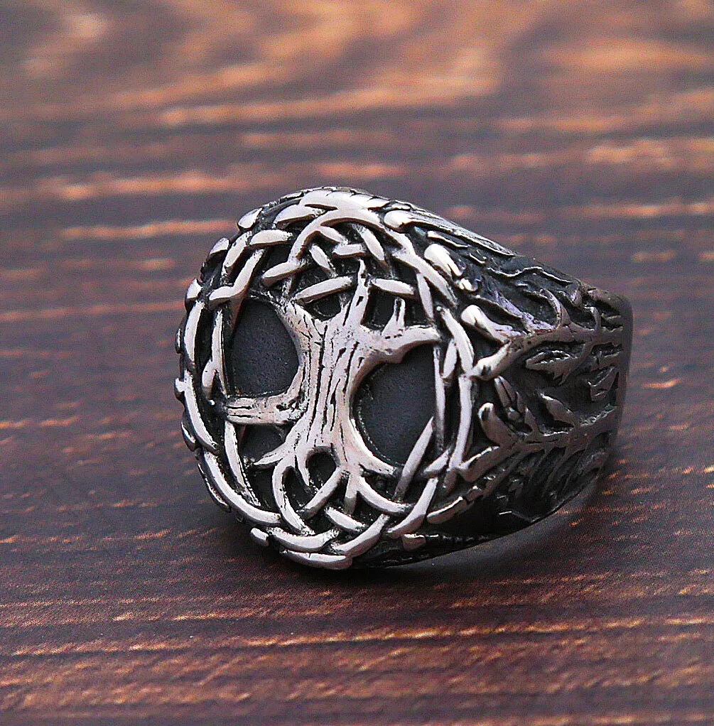 Men Stainless Steel Distressed Viking Tree of Life Rings
