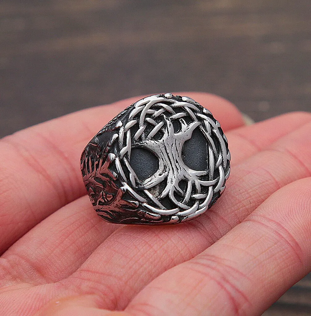 Men Stainless Steel Distressed Viking Tree of Life Rings