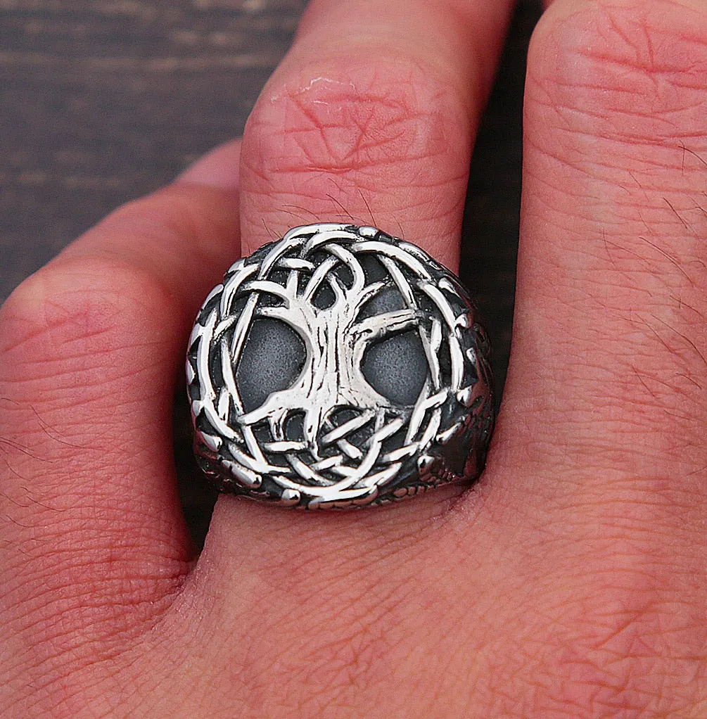 Men Stainless Steel Distressed Viking Tree of Life Rings