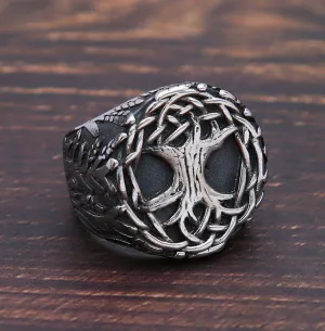 Men Stainless Steel Distressed Viking Tree of Life Rings