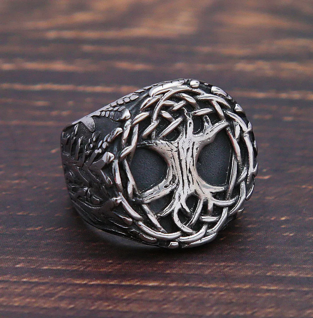 Men Stainless Steel Distressed Viking Tree of Life Rings