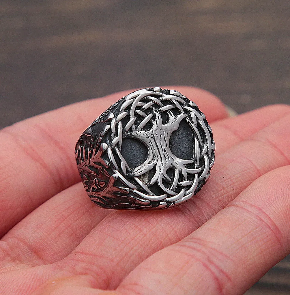 Men Stainless Steel Distressed Viking Tree of Life Rings
