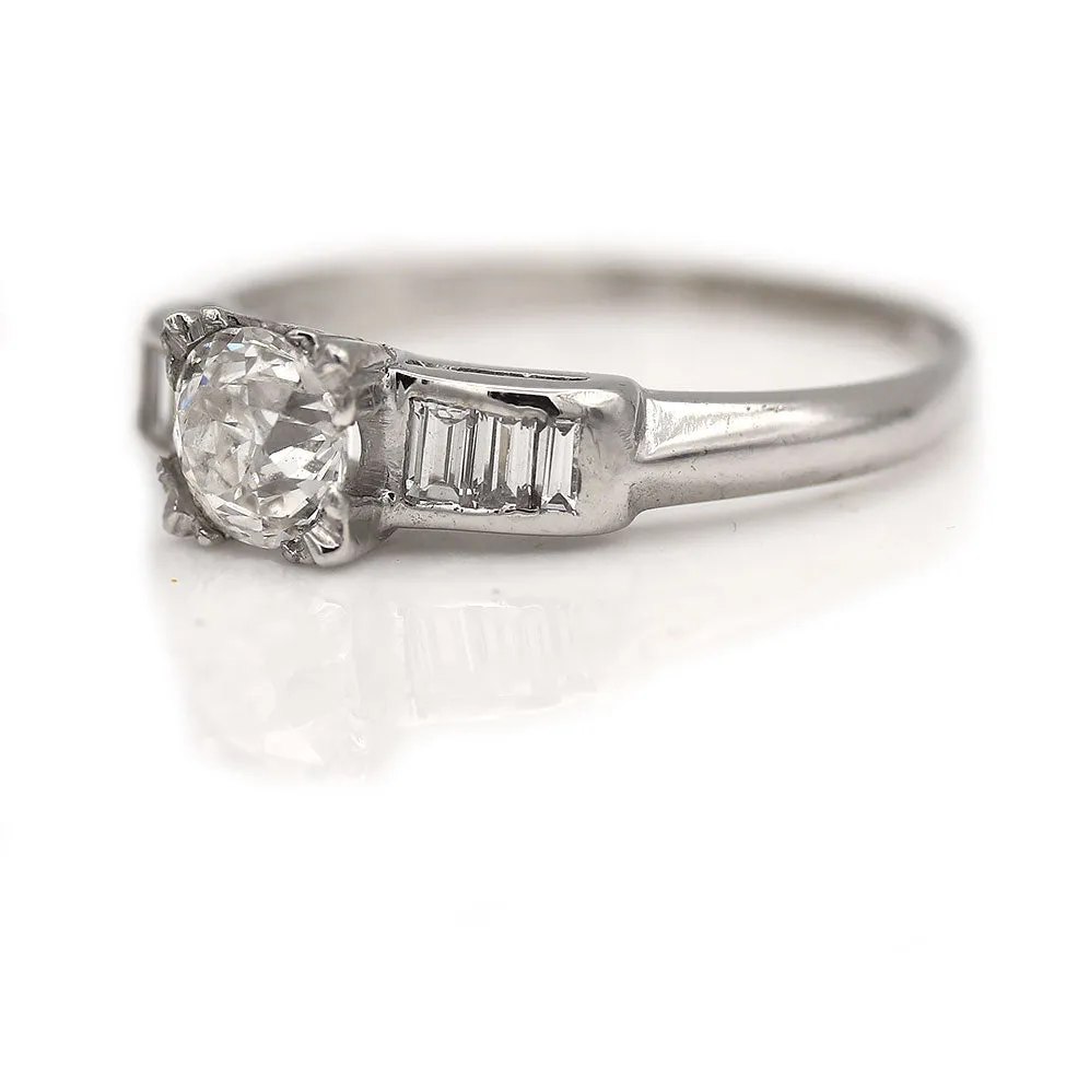 Mid-Century 1.05 CTW Diamond Platinum Vintage Engagement Ring Baguettes GIA H/SI1