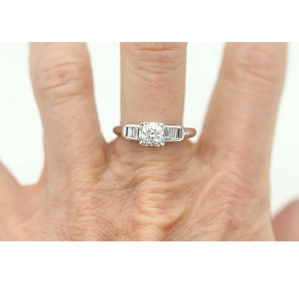 Mid-Century 1.05 CTW Diamond Platinum Vintage Engagement Ring Baguettes GIA H/SI1