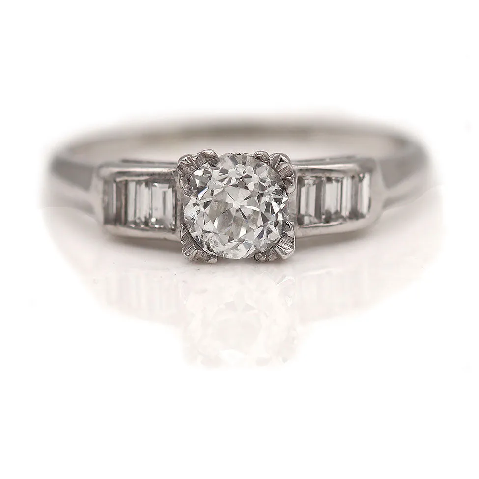 Mid-Century 1.05 CTW Diamond Platinum Vintage Engagement Ring Baguettes GIA H/SI1