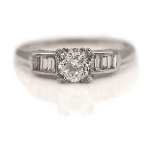 Mid-Century 1.05 CTW Diamond Platinum Vintage Engagement Ring Baguettes GIA H/SI1