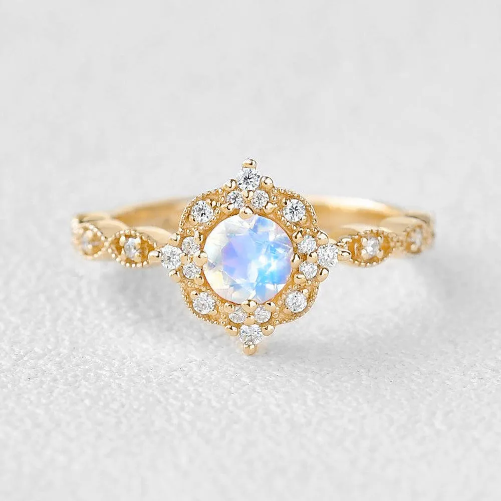 Moonstone & Moissanite Rose Gold Art Deco Ring