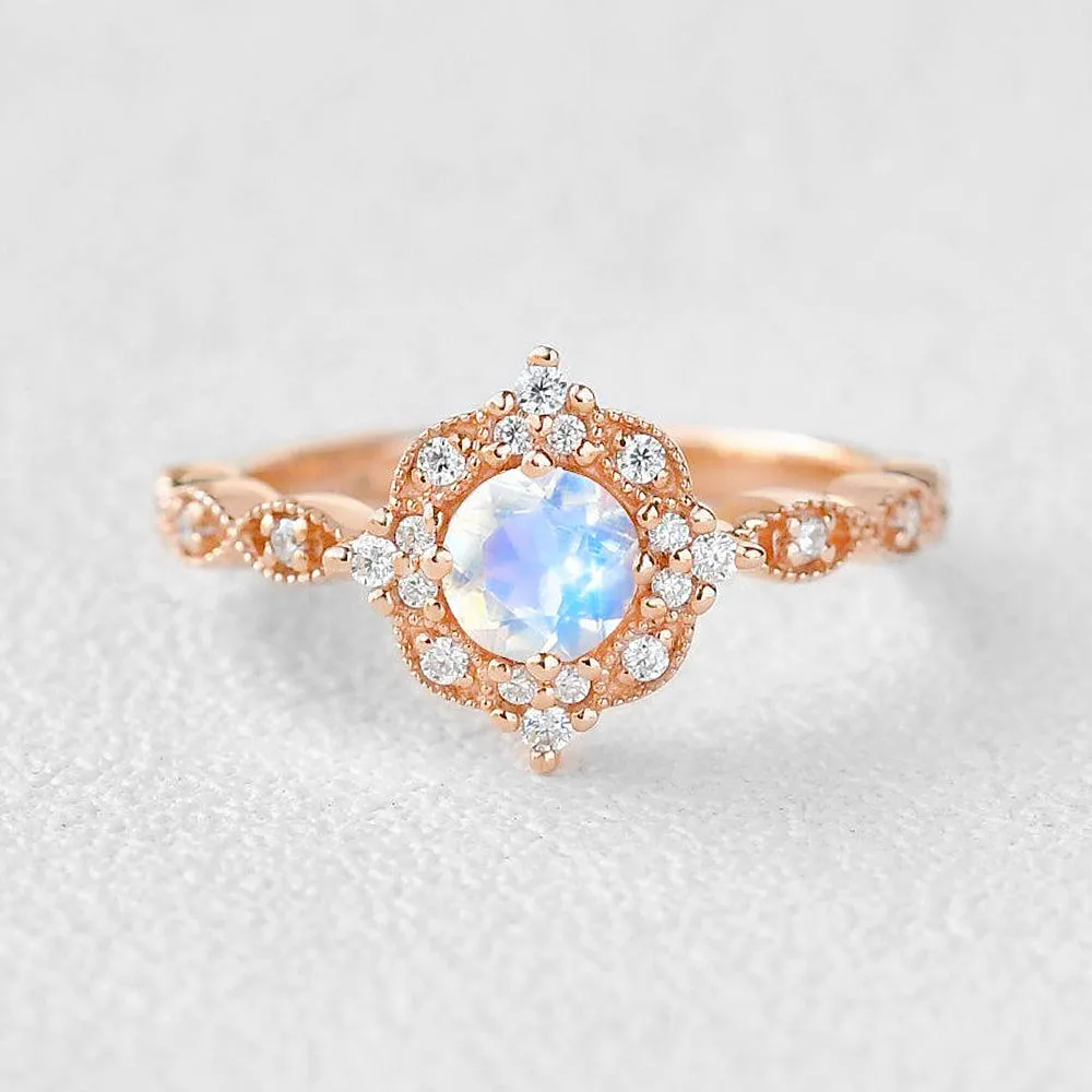 Moonstone & Moissanite Rose Gold Art Deco Ring