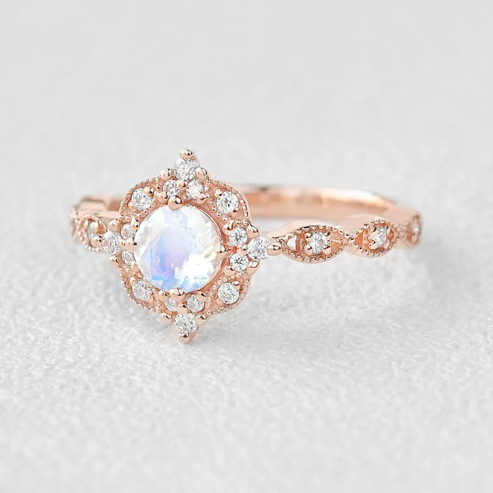 Moonstone & Moissanite Rose Gold Art Deco Ring