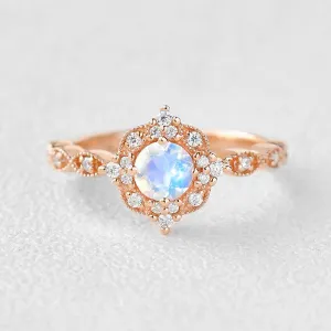 Moonstone & Moissanite Rose Gold Art Deco Ring