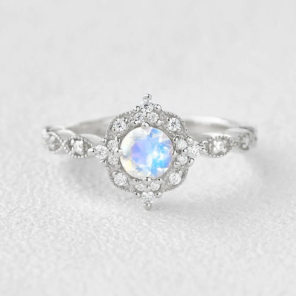Moonstone & Moissanite Rose Gold Art Deco Ring