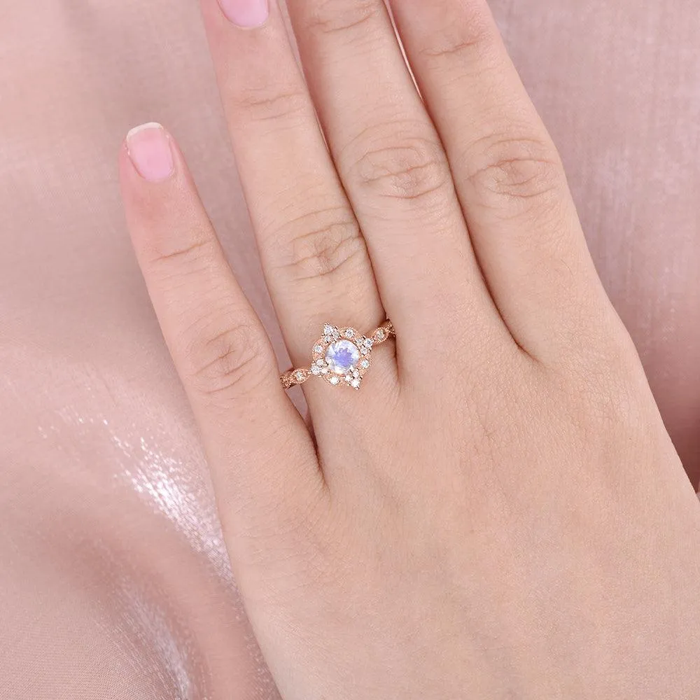 Moonstone & Moissanite Rose Gold Art Deco Ring