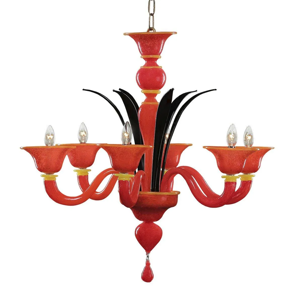 Murano Chandelier - 6 Bulbs - Orange-yellow and black