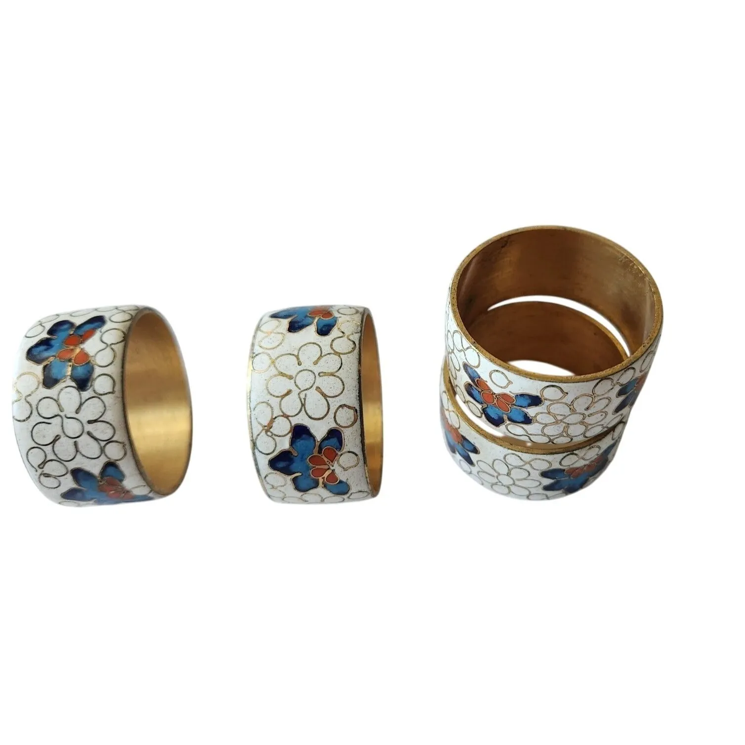 Napkin Rings Vintage 1970  Cloisonne Set of 4 White Blue Red / Orange Metal Enamel Brass 1 1/2"
