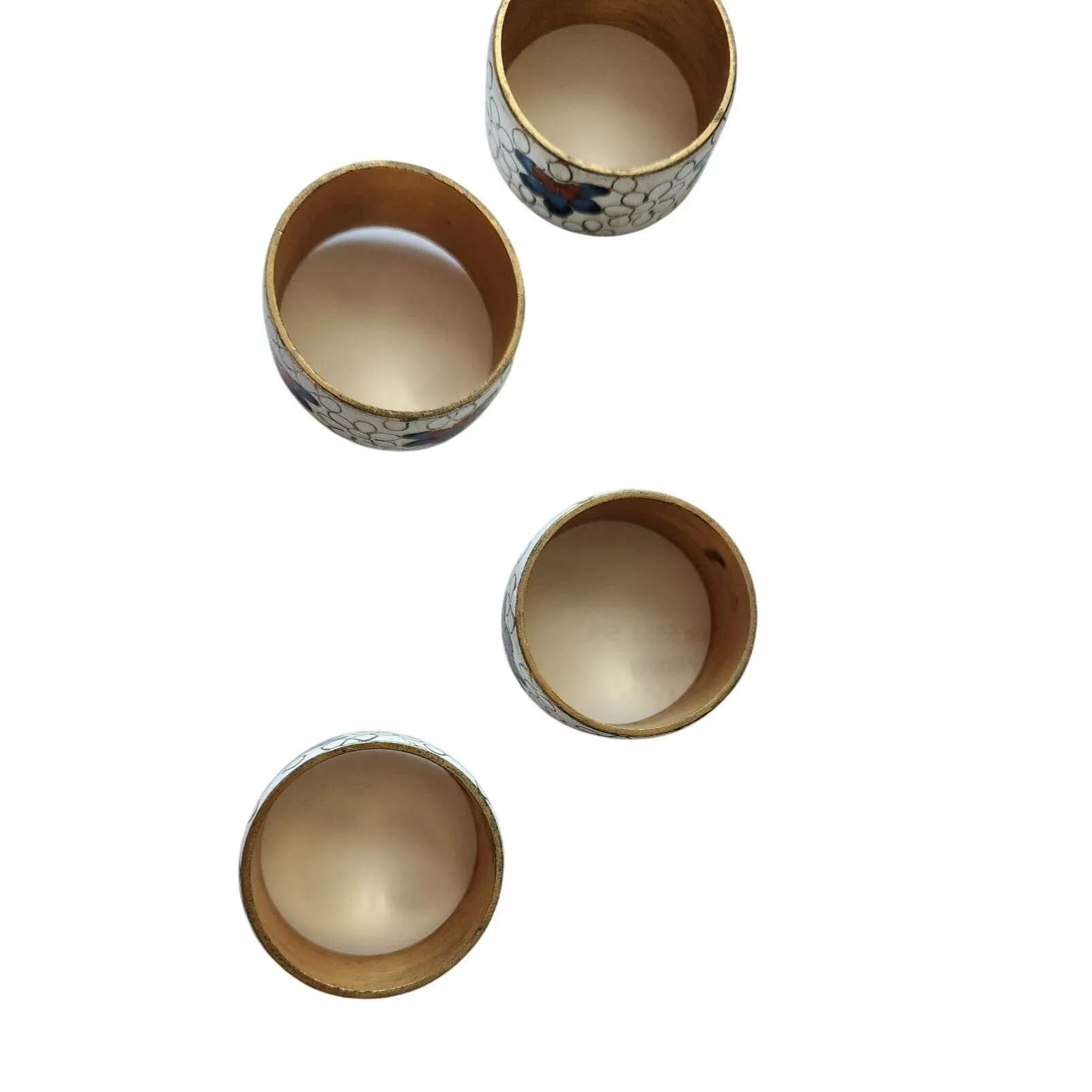 Napkin Rings Vintage 1970  Cloisonne Set of 4 White Blue Red / Orange Metal Enamel Brass 1 1/2"