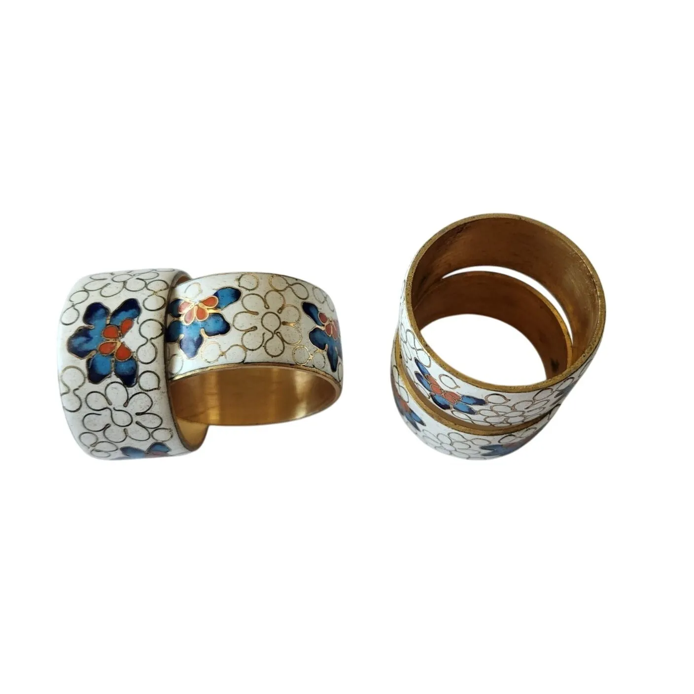 Napkin Rings Vintage 1970  Cloisonne Set of 4 White Blue Red / Orange Metal Enamel Brass 1 1/2"
