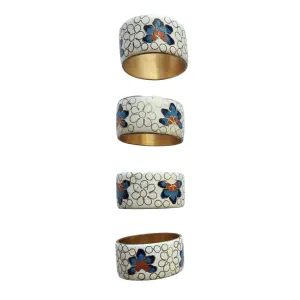 Napkin Rings Vintage 1970  Cloisonne Set of 4 White Blue Red / Orange Metal Enamel Brass 1 1/2"