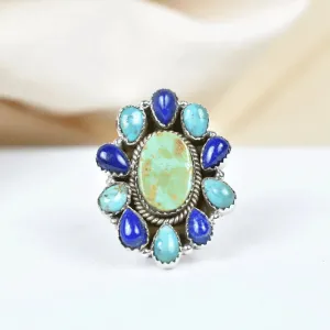 Native American Turquoise And Lapis Lazuli Cluster Rings - 925 Sterling Silver Handmade Vintage Rings