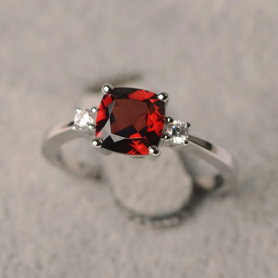 Natural Cushion Cut Garnet Solitaire Ring - 925 Sterling Silver Ring