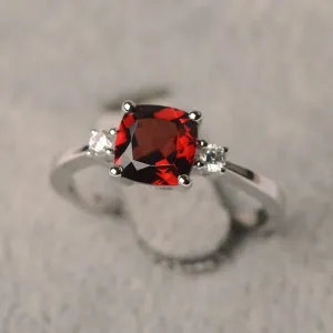 Natural Cushion Cut Garnet Solitaire Ring - 925 Sterling Silver Ring