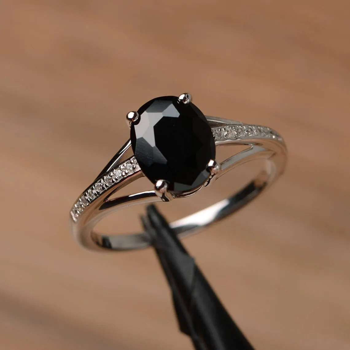 Natural Oval Cut Black Onyx Solitaire Rings - 925 Sterling Silver Rings