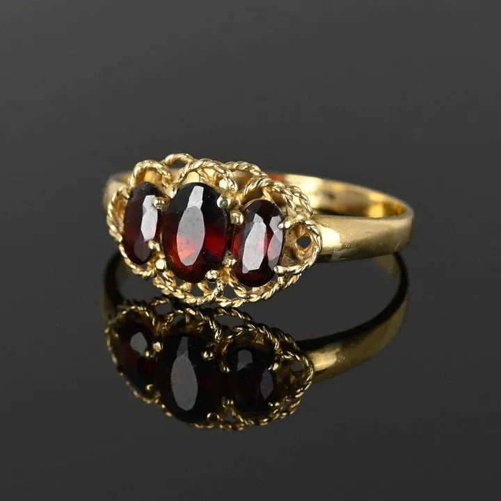 Natural Oval Cut Three Stone Garnet Half Eternity Vintage Rings - 14k Gold Vermeil Rings
