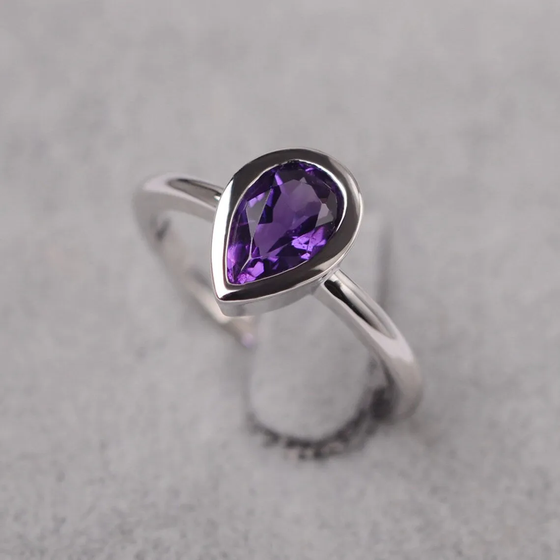 Natural Pear Cut Amethyst solitaire Ring - 925 Sterling Silver Ring