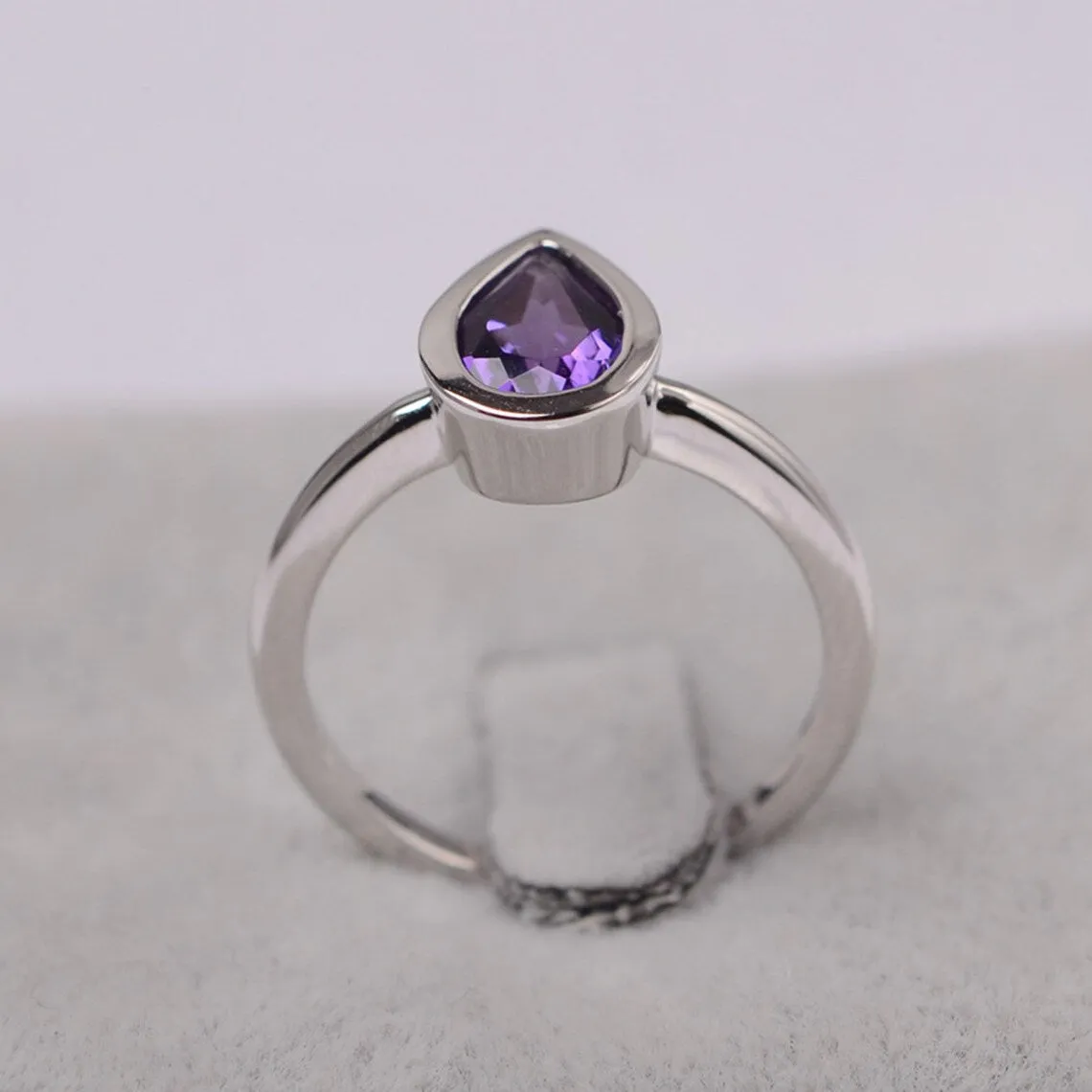 Natural Pear Cut Amethyst solitaire Ring - 925 Sterling Silver Ring