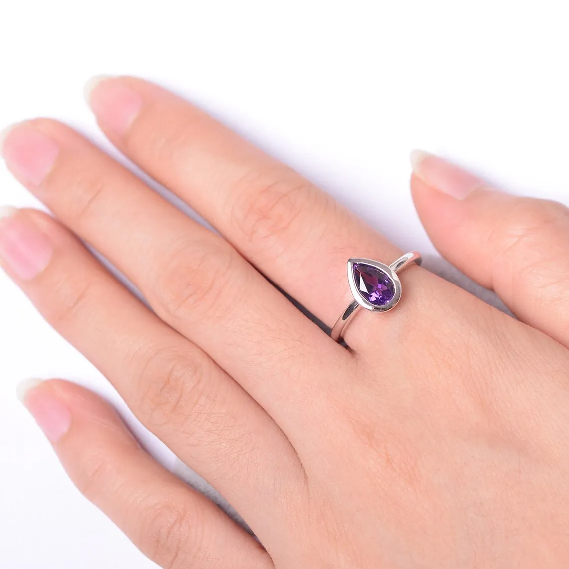 Natural Pear Cut Amethyst solitaire Ring - 925 Sterling Silver Ring