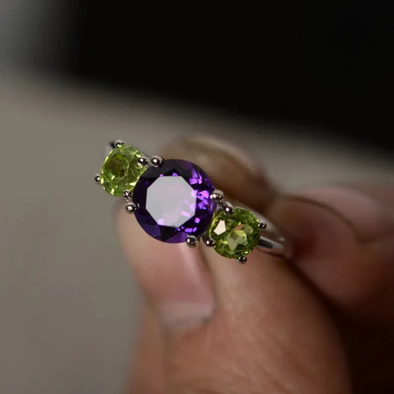 Natural Round Cut Amethyst And Peridot Three Stone  Ring - 925 Sterling Silver Ring