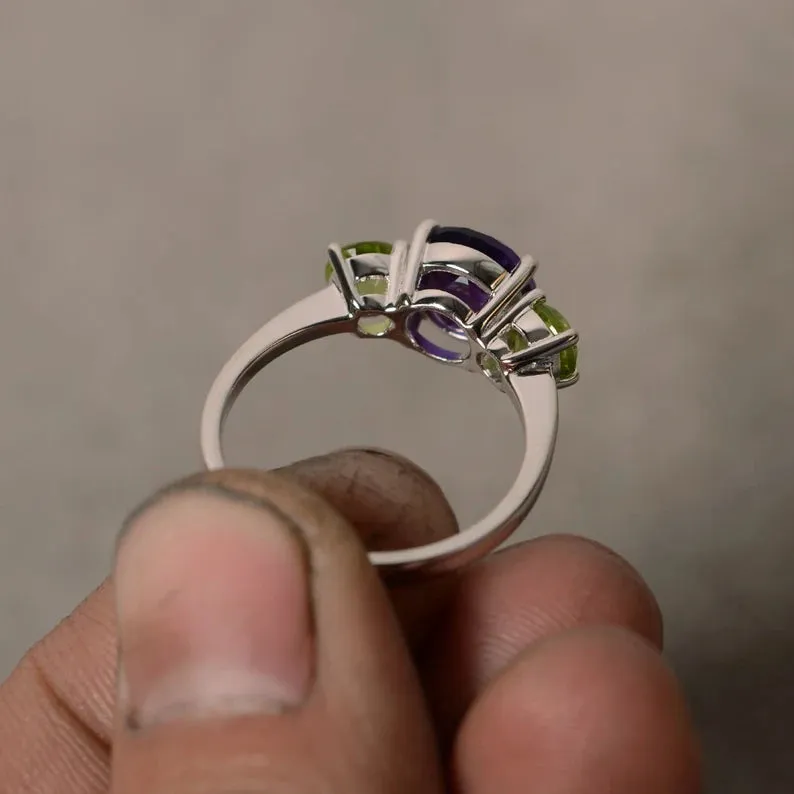 Natural Round Cut Amethyst And Peridot Three Stone  Ring - 925 Sterling Silver Ring