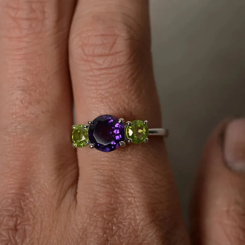 Natural Round Cut Amethyst And Peridot Three Stone  Ring - 925 Sterling Silver Ring