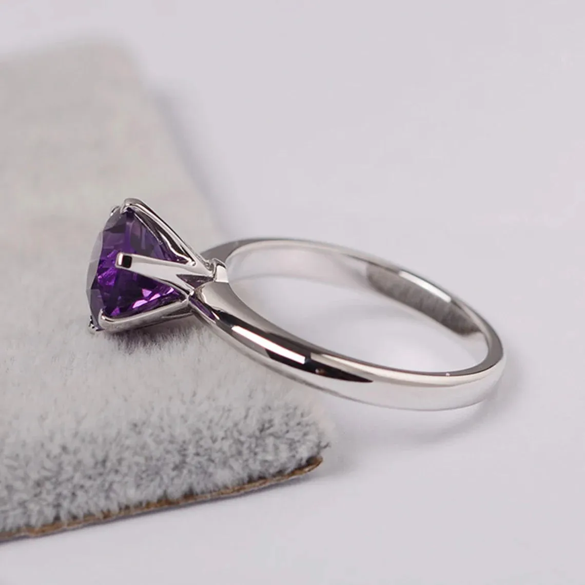 Natural Round Cut Amethyst Six Prong Solitaire Ring - 925 Sterling Silver Ring