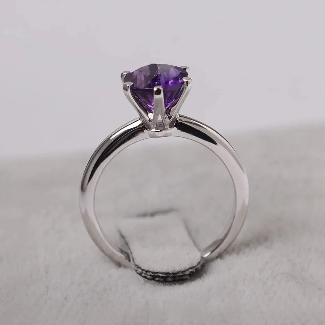 Natural Round Cut Amethyst Six Prong Solitaire Ring - 925 Sterling Silver Ring