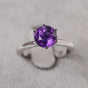 Natural Round Cut Amethyst Six Prong Solitaire Ring - 925 Sterling Silver Ring