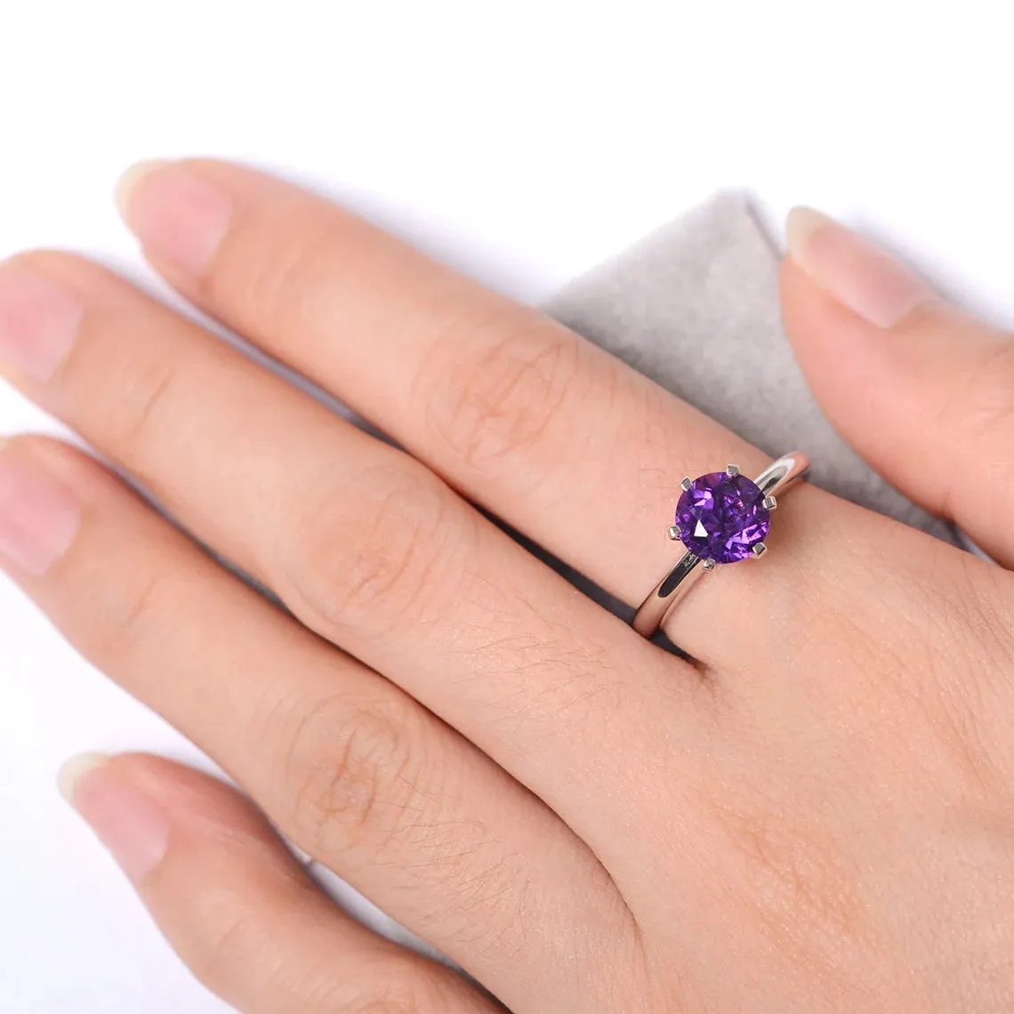 Natural Round Cut Amethyst Six Prong Solitaire Ring - 925 Sterling Silver Ring