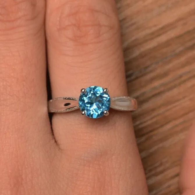 Natural Round Cut Blue Topaz Solitaire Promise 925 Sterling Silver Ring