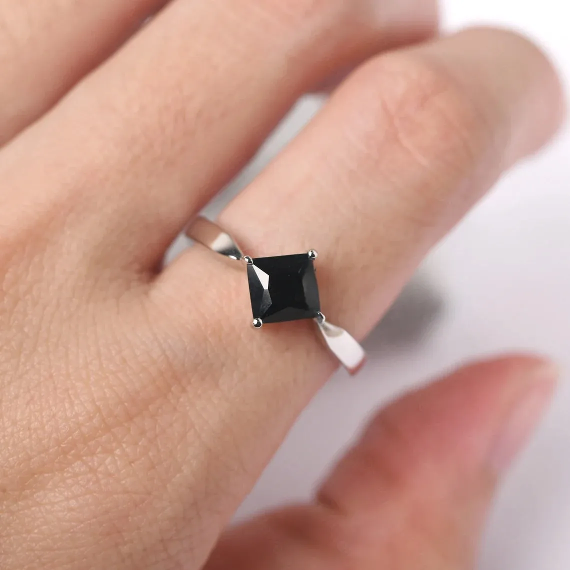 Natural Square Cut Black Onyx Promise Ring - 925 Sterling Silver Ring