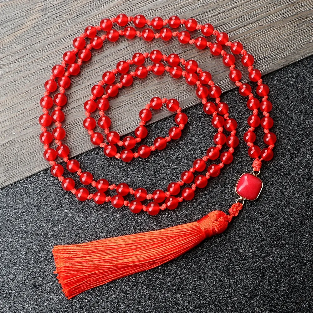 Natural Stone Red Stone Prayer Beaded 108 Mala Necklaces Women Men