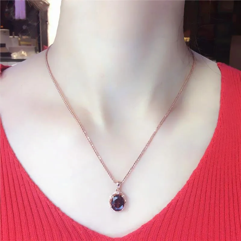 New in 585 purple gold plated 14k rose gold inlaid oval ruby pendant necklace
